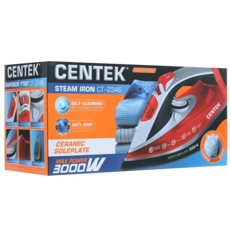 5. Утюг Centek CT-2346 (красный) 3000Вт, МОЩНЫЙ ПАРОВОЙ УДАР, керамическая подошва, самоочистка, 380мл