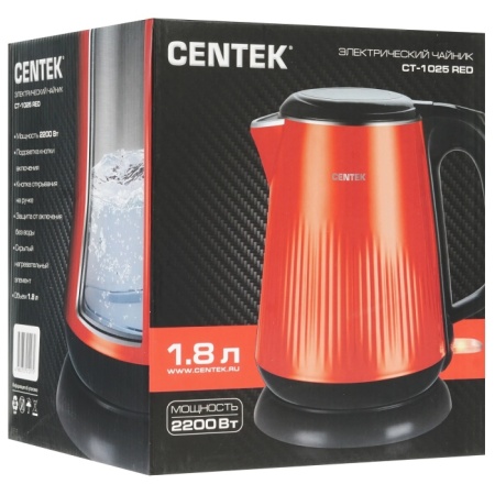 5. Чайник Centek CT-1025 металл 1.8л, 2200W, двойные стенки, кнопка откр. на ручке