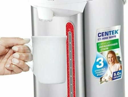 2. Термопот Centek CT-0082 White (бел), 5л, 750Вт, 3 способа подачи воды, корпус из нержавеющей стали